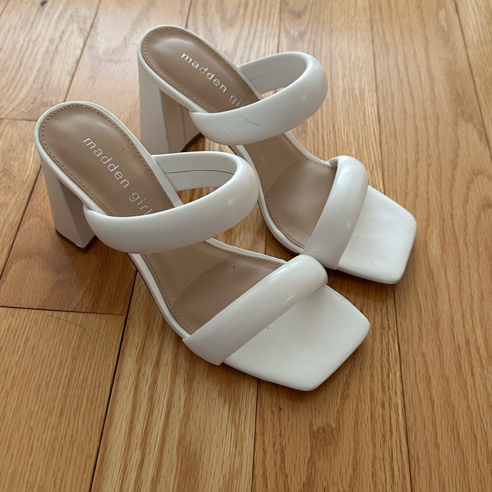 Madden Girl White Heeled Sandals with Chunky Block Heel